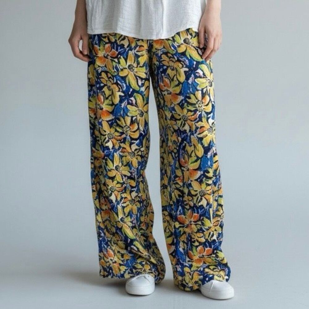 Skies Are Blue XS Blue Yellow Floral Wide Leg Pants Artsy Hippie Boardwalk Chic